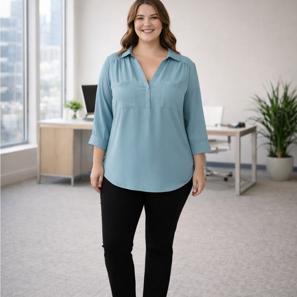 Torrid Harper Georgette Blouse 00 (M/L 10) Blue 3/4 Sleeve V-Neck NWT